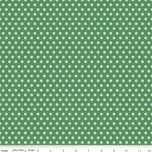 Image of Serendipity 2 Dots Green quilting cotton fabric by Minki Kim for Riley Blake Designs. Features polka dots on a green background. Cute Little Fabric Shop.