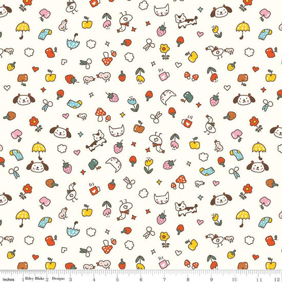 Image of Serendipity 2 Toss Cream quilting cotton fabric by Minki Kim for Riley Blake Designs. Features summer items on a cream background. Cute Little Fabric Shop.