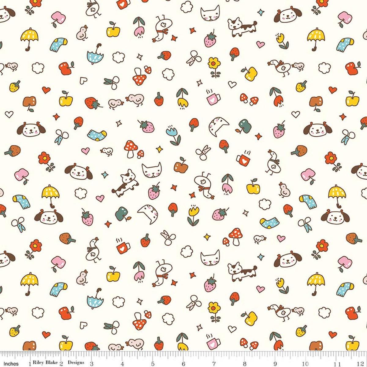 Image of Serendipity 2 Toss Cream quilting cotton fabric by Minki Kim for Riley Blake Designs. Features summer items on a cream background. Cute Little Fabric Shop.