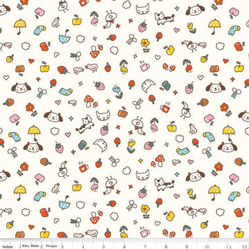Image of Serendipity 2 Toss Cream quilting cotton fabric by Minki Kim for Riley Blake Designs. Features summer items on a cream background. Cute Little Fabric Shop.