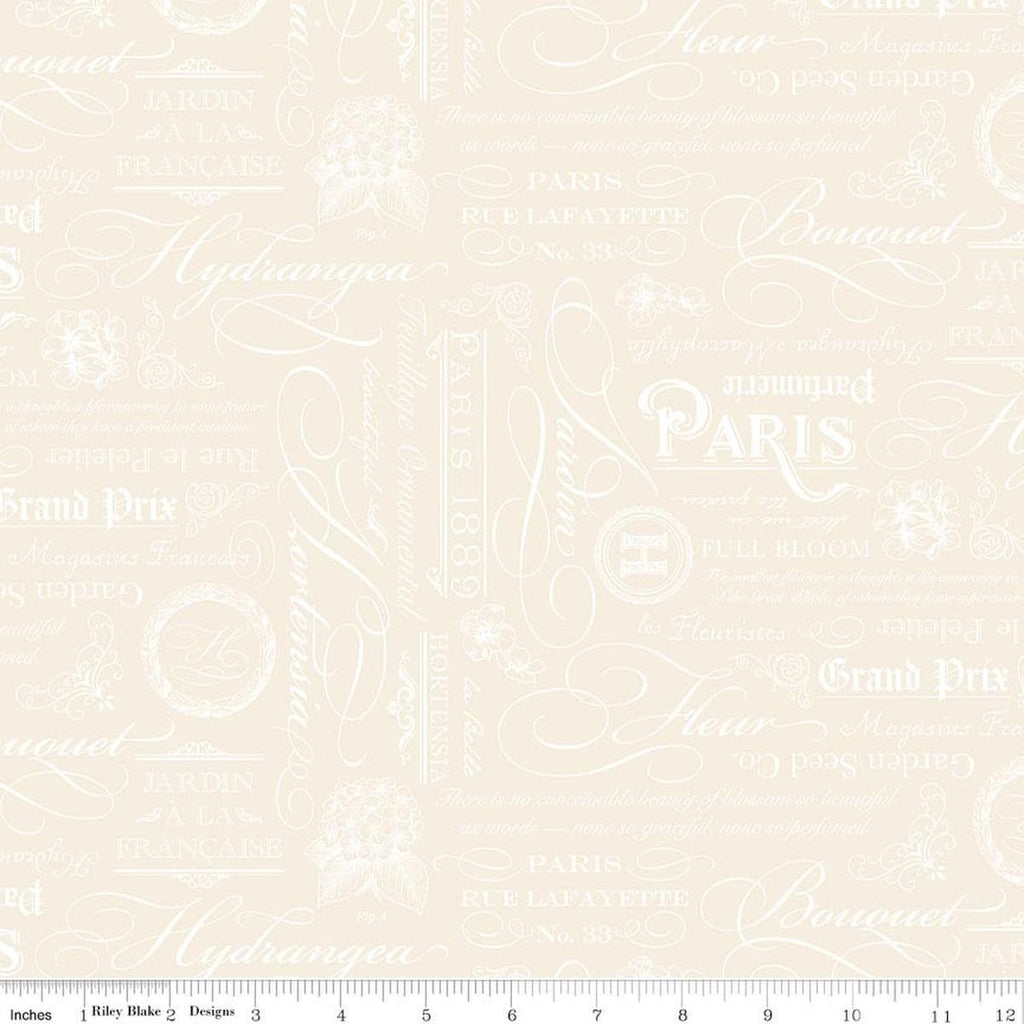 Image of Elegant Essentials Text Cream quilting cotton fabric by Jennifer Bosworth for Riley Blake Designs. Features text on a cream background. Cute Little Fabric Shop.