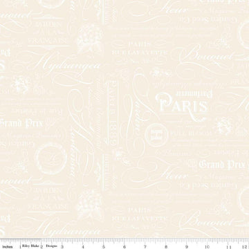 Image of Elegant Essentials Text Cream quilting cotton fabric by Jennifer Bosworth for Riley Blake Designs. Features text on a cream background. Cute Little Fabric Shop.