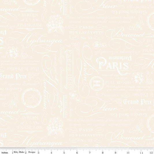 Image of Elegant Essentials Text Cream quilting cotton fabric by Jennifer Bosworth for Riley Blake Designs. Features text on a cream background. Cute Little Fabric Shop.