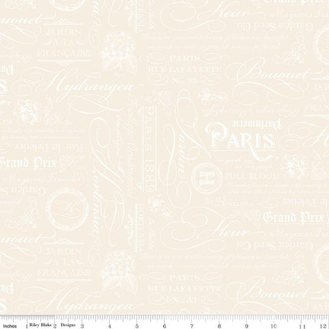 Image of Elegant Essentials Text Cream quilting cotton fabric by Jennifer Bosworth for Riley Blake Designs. Features text on a cream background. Cute Little Fabric Shop.
