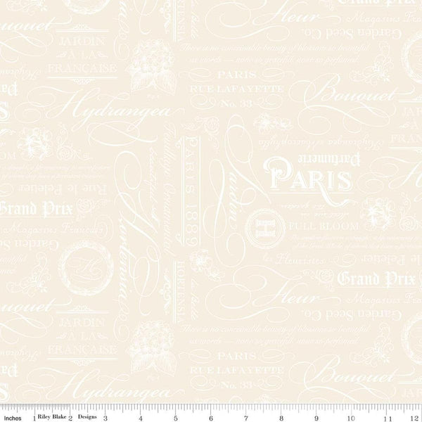 Image of Elegant Essentials Text Cream quilting cotton fabric by Jennifer Bosworth for Riley Blake Designs. Features text on a cream background. Cute Little Fabric Shop.