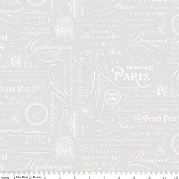 Image of Elegant Essentials Text White quilting cotton fabric by Jennifer Bosworth for Riley Blake Designs. Features text on a white background. Cute Little Fabric Shop.