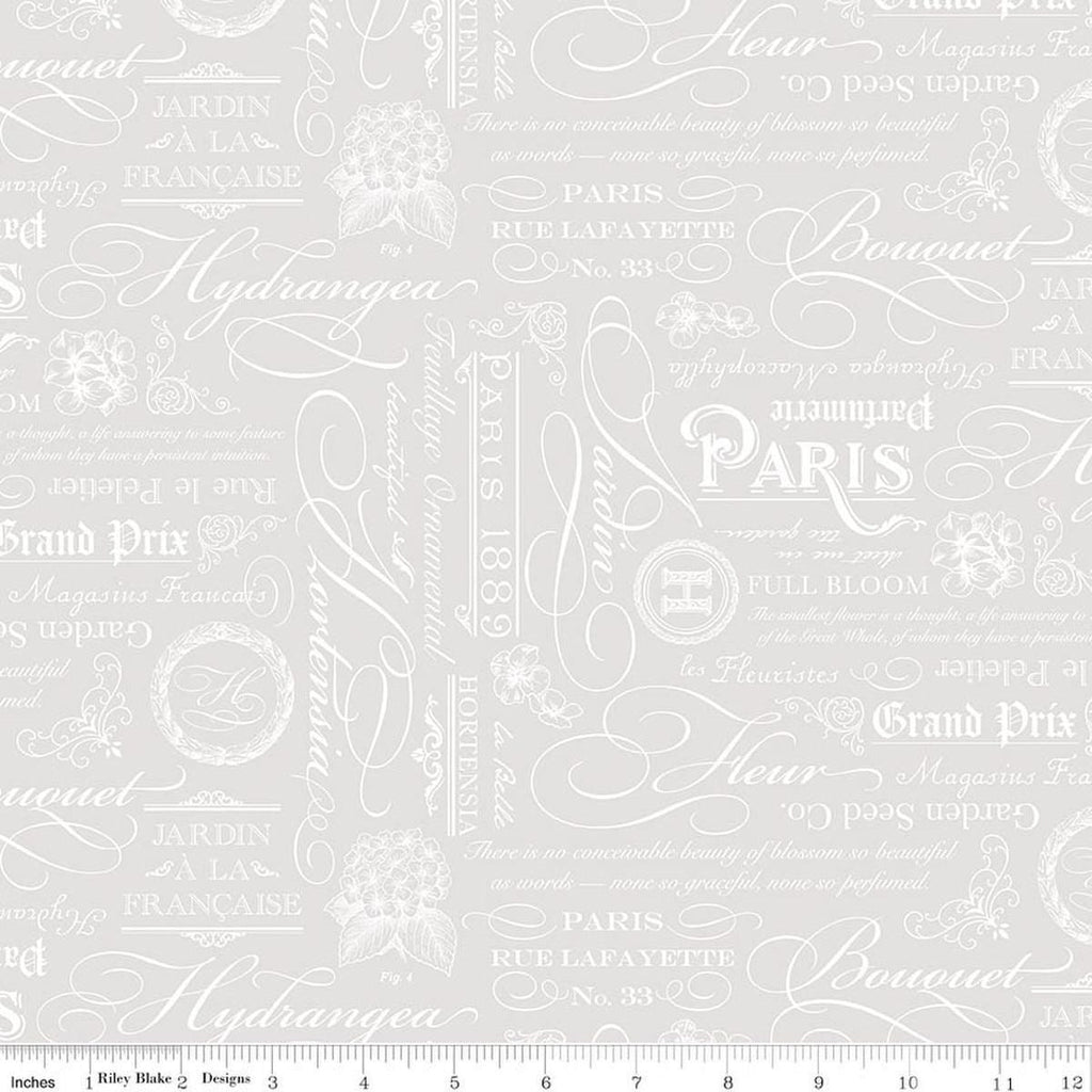 Image of Elegant Essentials Text White quilting cotton fabric by Jennifer Bosworth for Riley Blake Designs. Features text on a white background. Cute Little Fabric Shop.