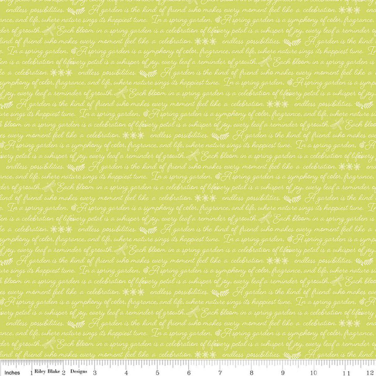 Image of Awakening Garden's Promise Pear quilting cotton fabric by Cherry Guidry for Riley Blake Designs. Features text on a green background. Cute Little Fabric Shop.