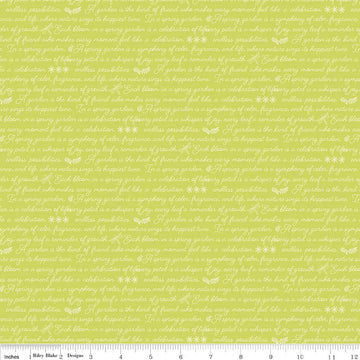 Image of Awakening Garden's Promise Pear quilting cotton fabric by Cherry Guidry for Riley Blake Designs. Features text on a green background. Cute Little Fabric Shop.