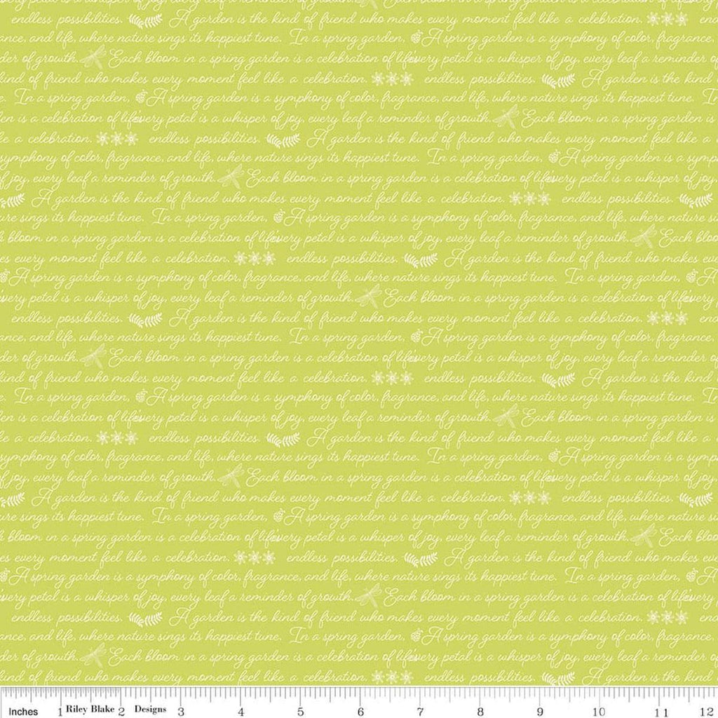Image of Awakening Garden's Promise Pear quilting cotton fabric by Cherry Guidry for Riley Blake Designs. Features text on a green background. Cute Little Fabric Shop.