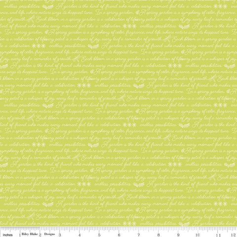 Image of Awakening Garden's Promise Pear quilting cotton fabric by Cherry Guidry for Riley Blake Designs. Features text on a green background. Cute Little Fabric Shop.
