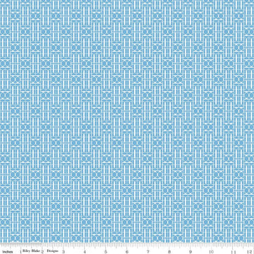 Image of Awakening Trellis Blue quilting cotton fabric by Cherry Guidry for Riley Blake Designs. Features a geometric pattern on a blue background. Cute Little Fabric Shop.