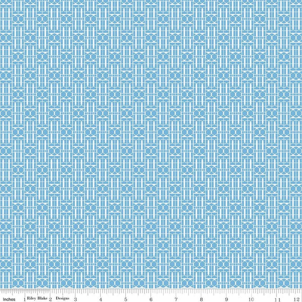 Image of Awakening Trellis Blue quilting cotton fabric by Cherry Guidry for Riley Blake Designs. Features a geometric pattern on a blue background. Cute Little Fabric Shop.