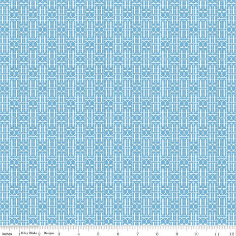 Image of Awakening Trellis Blue quilting cotton fabric by Cherry Guidry for Riley Blake Designs. Features a geometric pattern on a blue background. Cute Little Fabric Shop.
