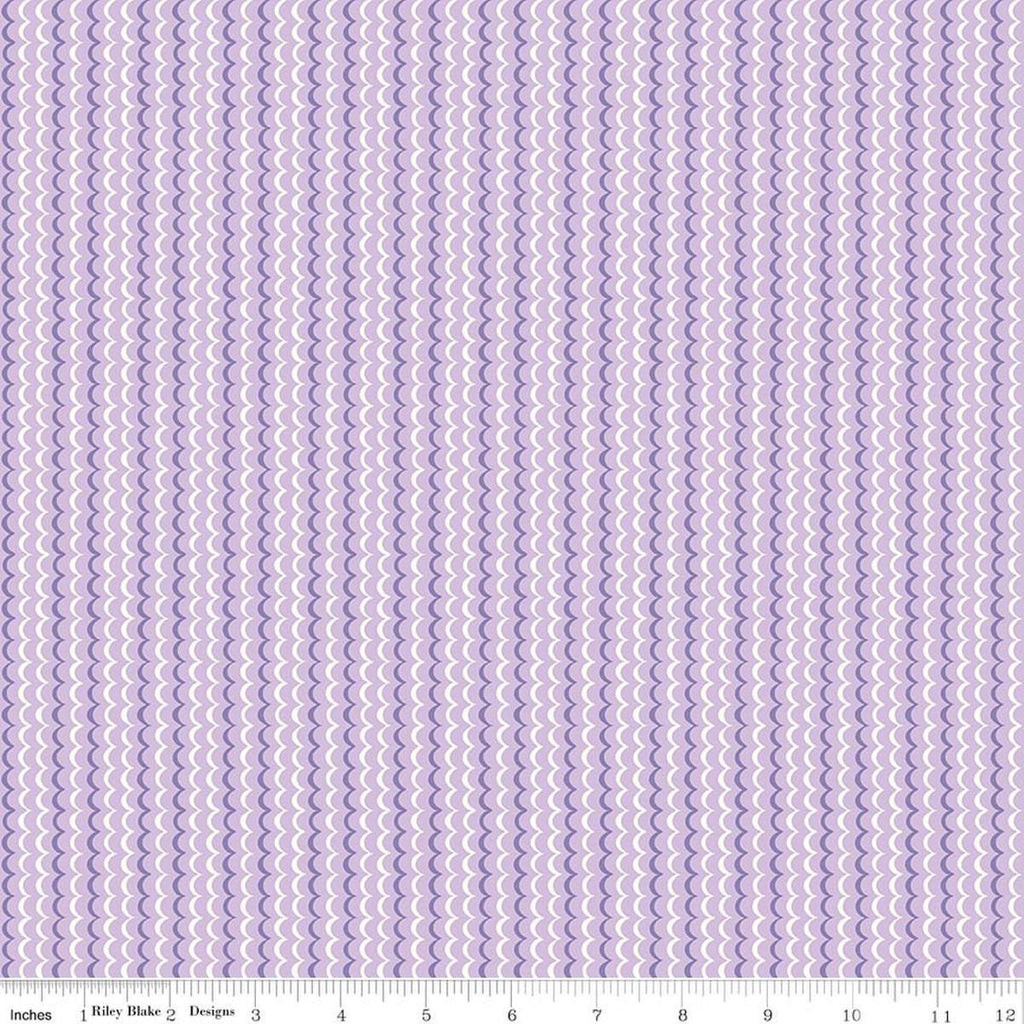 Image of Awakening Scallops Lavender quilting cotton fabric by Cherry Guidry for Riley Blake Designs. Features stripes on a purple background. Cute Little Fabric Shop.
