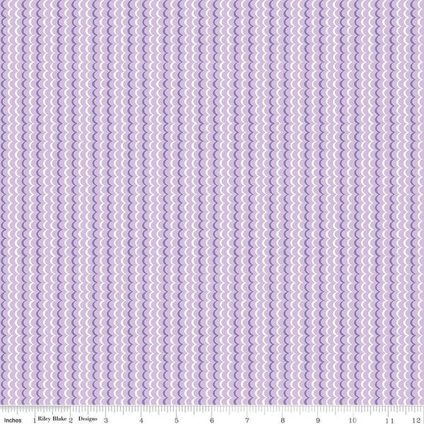 Image of Awakening Scallops Lavender quilting cotton fabric by Cherry Guidry for Riley Blake Designs. Features stripes on a purple background. Cute Little Fabric Shop.