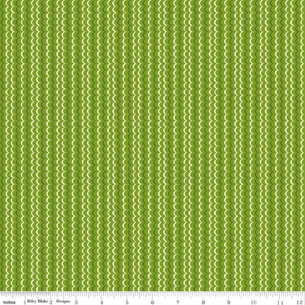 Image of Awakening Scallops Kiwi quilting cotton fabric by Cherry Guidry for Riley Blake Designs. Features stripes on a green background. Cute Little Fabric Shop.