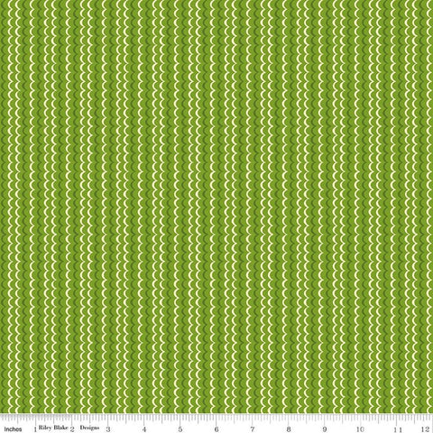 Image of Awakening Scallops Kiwi quilting cotton fabric by Cherry Guidry for Riley Blake Designs. Features stripes on a green background. Cute Little Fabric Shop.