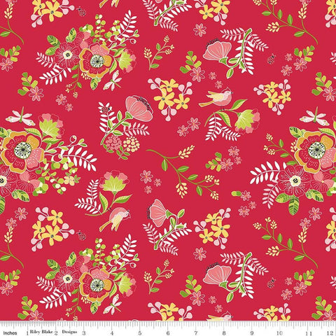 Image of Awakening Spring Palette Cayenne quilting cotton fabric by Cherry Guidry for Riley Blake Designs. Features flowers on a red background. Cute Little Fabric Shop.