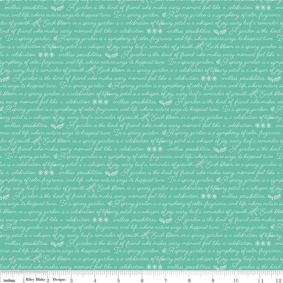 Image of Awakening Garden's Promise Sea Glass quilting cotton fabric by Cherry Guidry for Riley Blake Designs. Features text on a blue background. Cute Little Fabric Shop.