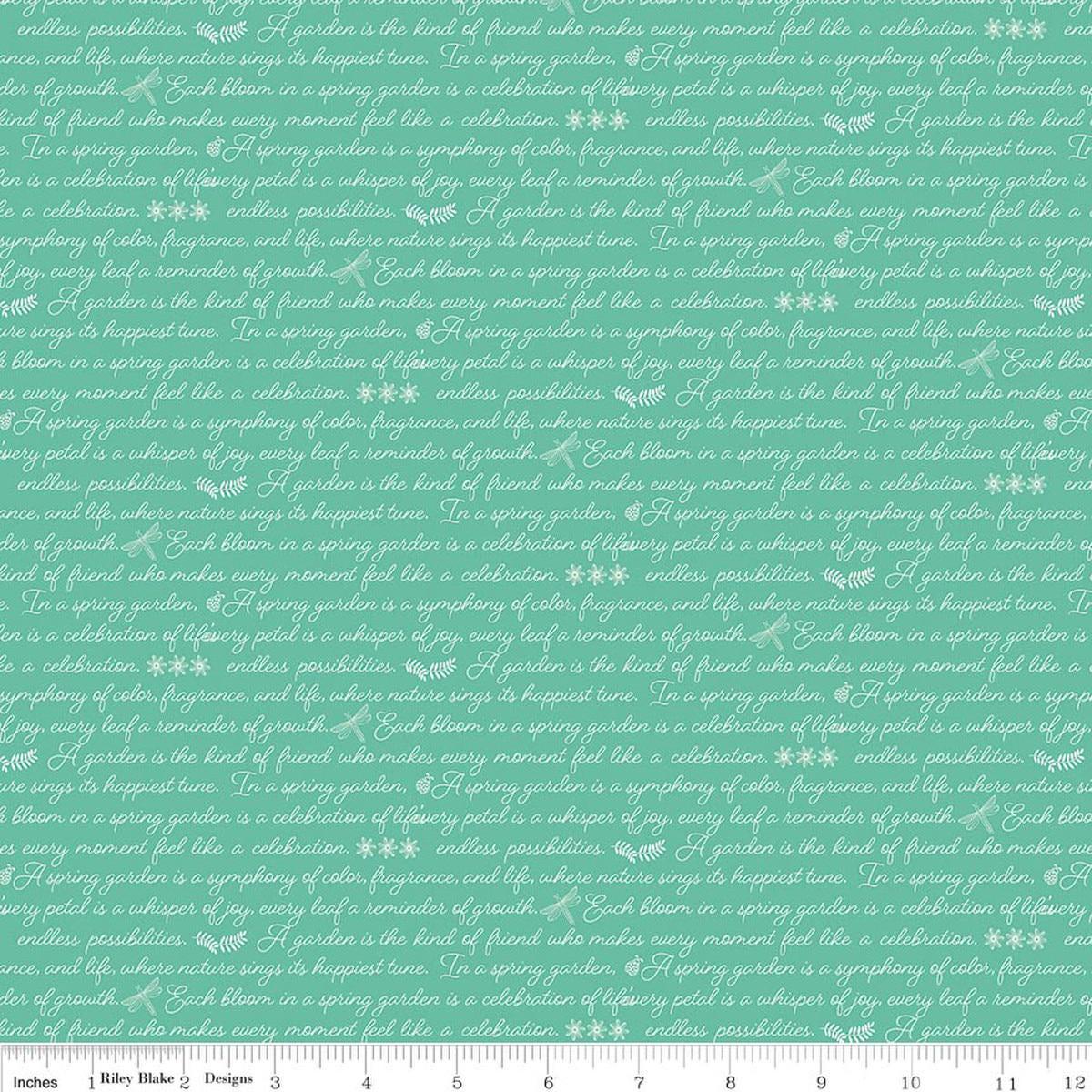 Image of Awakening Garden's Promise Sea Glass quilting cotton fabric by Cherry Guidry for Riley Blake Designs. Features text on a blue background. Cute Little Fabric Shop.
