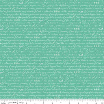 Image of Awakening Garden's Promise Sea Glass quilting cotton fabric by Cherry Guidry for Riley Blake Designs. Features text on a blue background. Cute Little Fabric Shop.