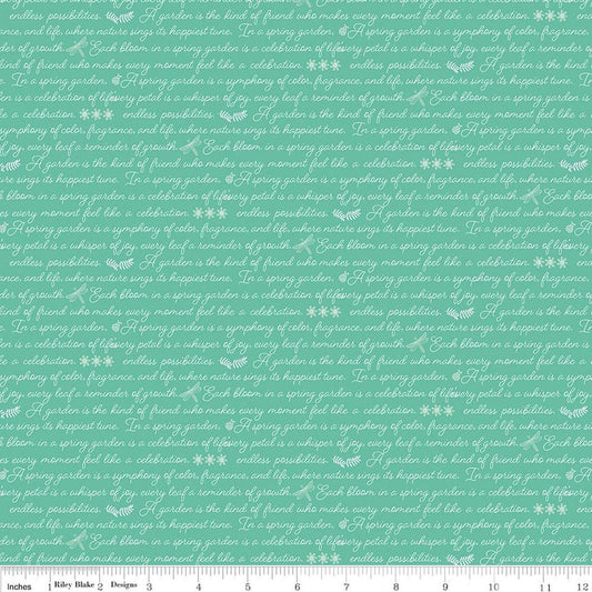 Image of Awakening Garden's Promise Sea Glass quilting cotton fabric by Cherry Guidry for Riley Blake Designs. Features text on a blue background. Cute Little Fabric Shop.