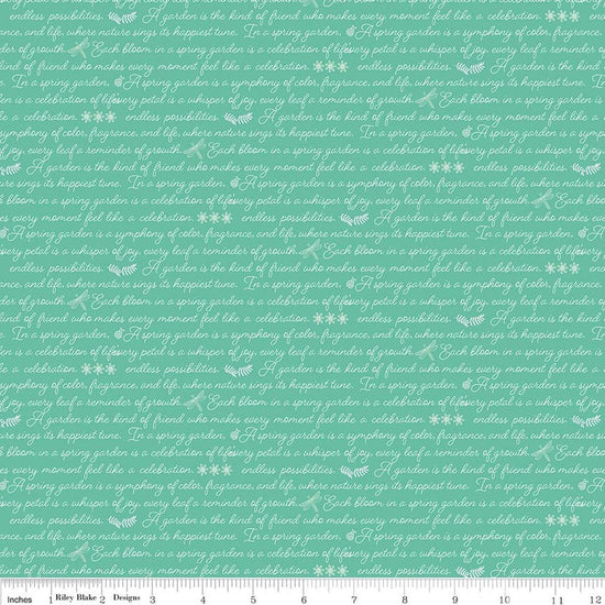 Image of Awakening Garden's Promise Sea Glass quilting cotton fabric by Cherry Guidry for Riley Blake Designs. Features text on a blue background. Cute Little Fabric Shop.