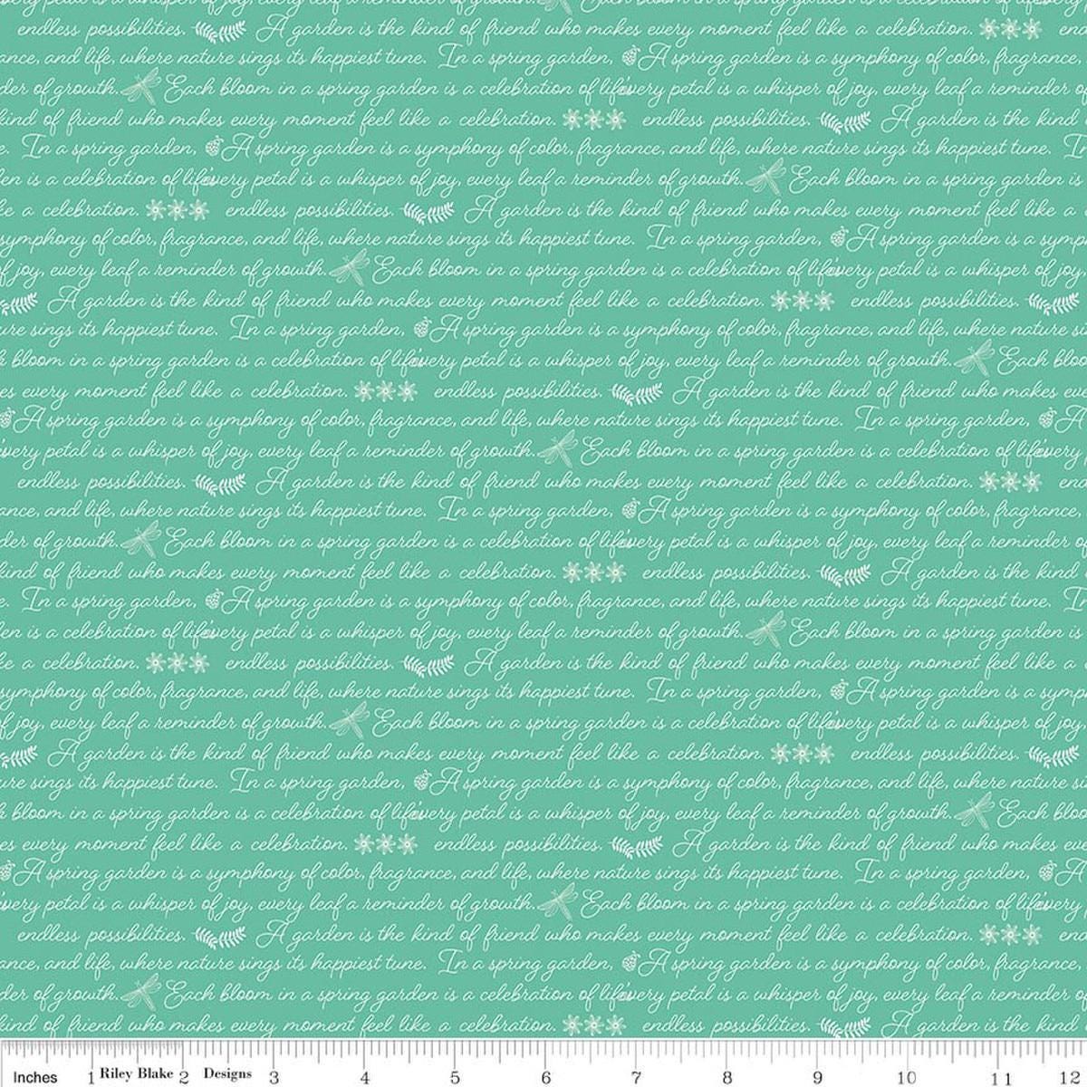 Image of Awakening Garden's Promise Sea Glass quilting cotton fabric by Cherry Guidry for Riley Blake Designs. Features text on a blue background. Cute Little Fabric Shop.