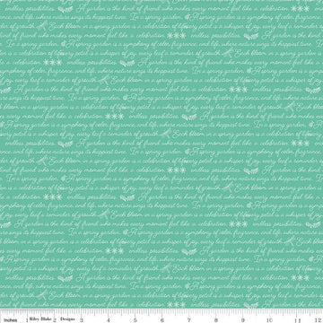 Image of Awakening Garden's Promise Sea Glass quilting cotton fabric by Cherry Guidry for Riley Blake Designs. Features text on a blue background. Cute Little Fabric Shop.