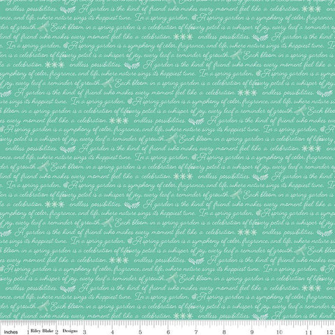 Image of Awakening Garden's Promise Sea Glass quilting cotton fabric by Cherry Guidry for Riley Blake Designs. Features text on a blue background. Cute Little Fabric Shop.
