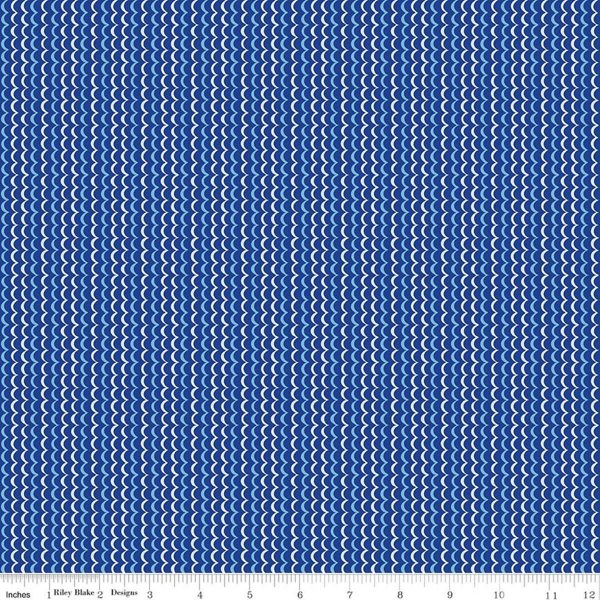 Image of Awakening Scallops Blue quilting cotton fabric by Cherry Guidry for Riley Blake Designs. Features stripes on a blue background. Cute Little Fabric Shop.