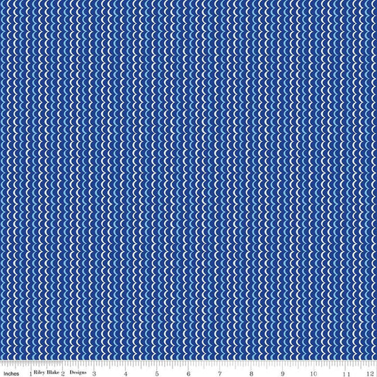 Image of Awakening Scallops Blue quilting cotton fabric by Cherry Guidry for Riley Blake Designs. Features stripes on a blue background. Cute Little Fabric Shop.
