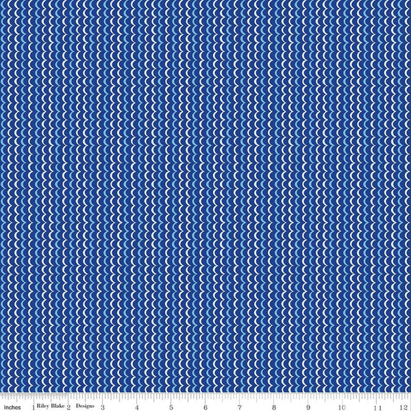 Image of Awakening Scallops Blue quilting cotton fabric by Cherry Guidry for Riley Blake Designs. Features stripes on a blue background. Cute Little Fabric Shop.