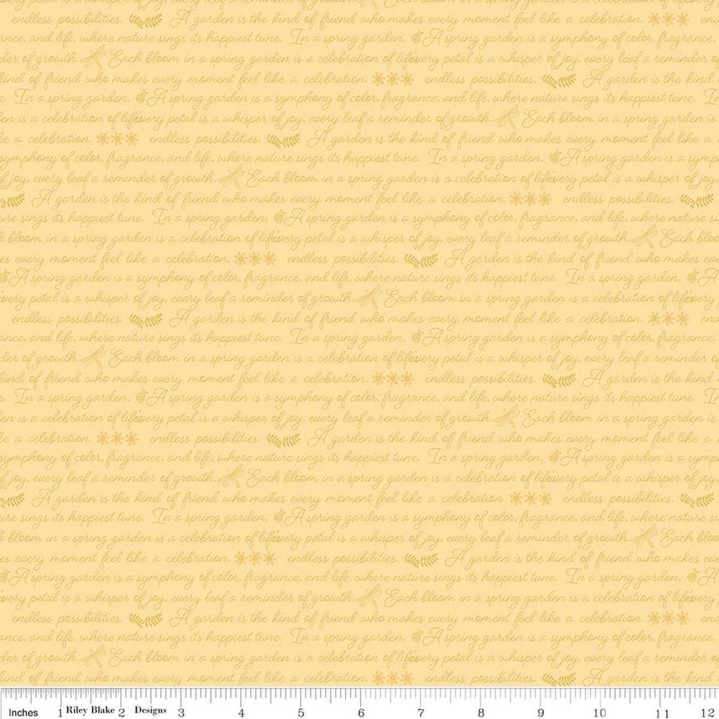 Image of Awakening Garden's Promise Yellow quilting cotton fabric by Cherry Guidry for Riley Blake Designs. Features text on a yellow background. Cute Little Fabric Shop.