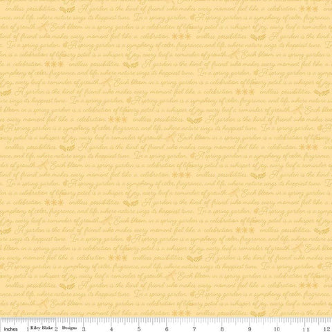 Image of Awakening Garden's Promise Yellow quilting cotton fabric by Cherry Guidry for Riley Blake Designs. Features text on a yellow background. Cute Little Fabric Shop.