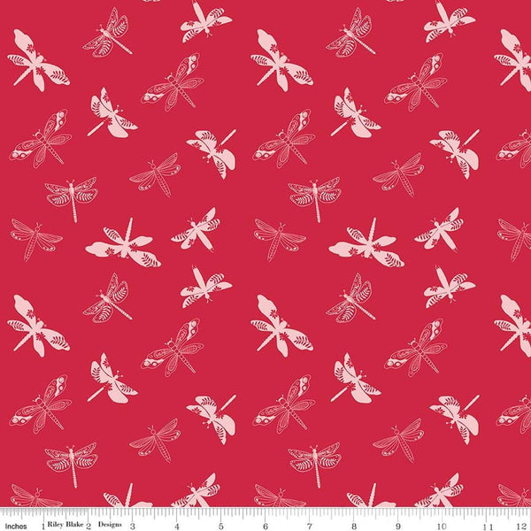 Image of Awakening Libellulas Cayenne quilting cotton fabric by Cherry Guidry for Riley Blake Designs. Features dragonflies on a red background. Cute Little Fabric Shop.