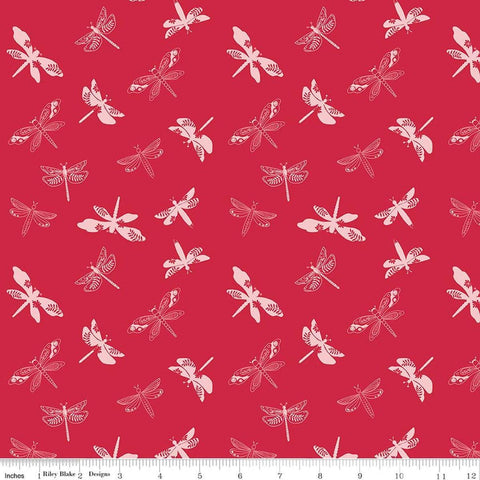 Image of Awakening Libellulas Cayenne quilting cotton fabric by Cherry Guidry for Riley Blake Designs. Features dragonflies on a red background. Cute Little Fabric Shop.