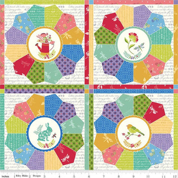 Image of Awakening Cheater Print Multi quilting cotton fabric by Cherry Guidry for Riley Blake Designs. Features printed flower blocks on a multicolored background. Cute Little Fabric Shop.