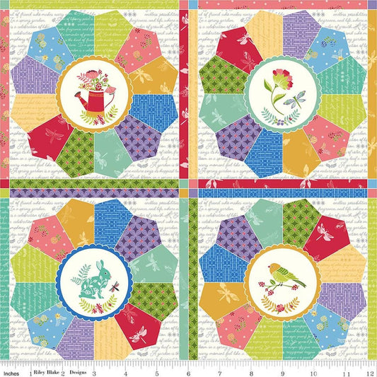 Image of Awakening Cheater Print Multi quilting cotton fabric by Cherry Guidry for Riley Blake Designs. Features printed flower blocks on a multicolored background. Cute Little Fabric Shop.
