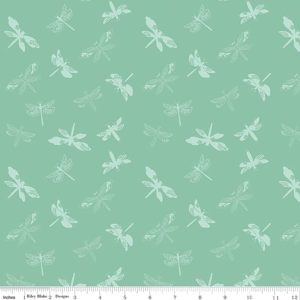 Image of Awakening Libellulas Songbird quilting cotton fabric by Cherry Guidry for Riley Blake Designs. Features dragonflies on a green background. Cute Little Fabric Shop.