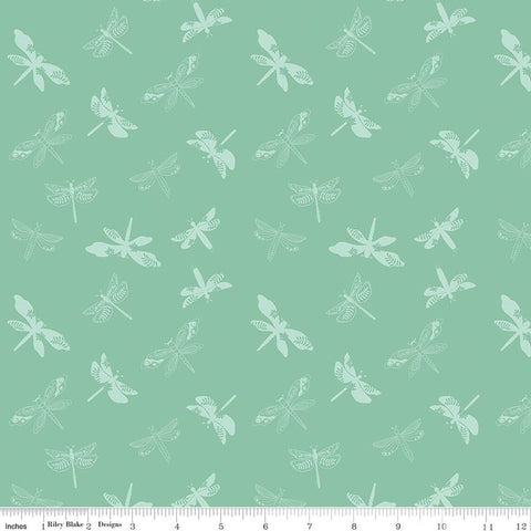 Image of Awakening Libellulas Songbird quilting cotton fabric by Cherry Guidry for Riley Blake Designs. Features dragonflies on a green background. Cute Little Fabric Shop.