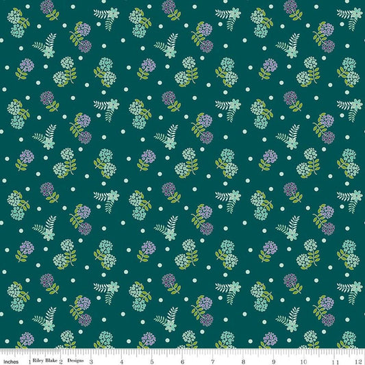 Image of Awakening Blossoms Teal quilting cotton fabric by Cherry Guidry for Riley Blake Designs. Features flowers on a blue background. Cute Little Fabric Shop.