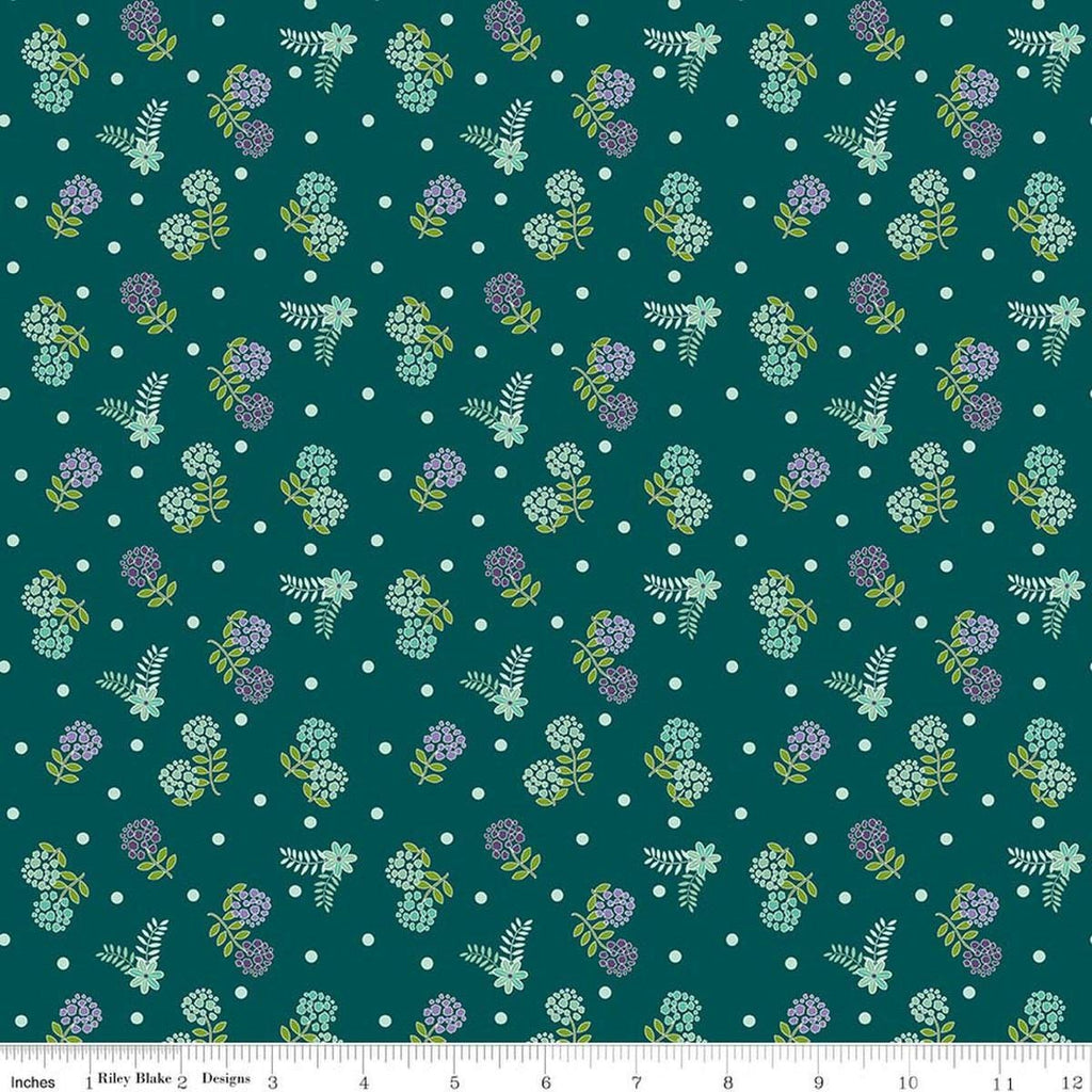Image of Awakening Blossoms Teal quilting cotton fabric by Cherry Guidry for Riley Blake Designs. Features flowers on a blue background. Cute Little Fabric Shop.