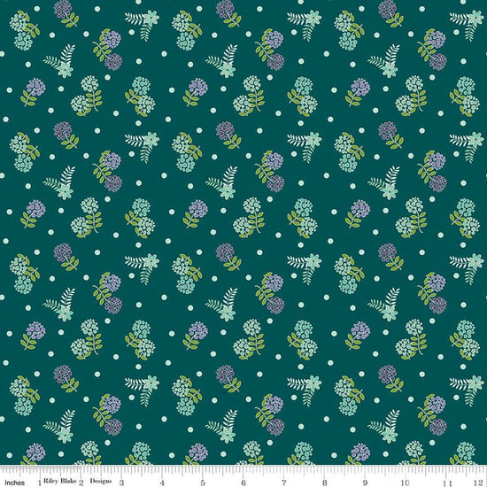 Image of Awakening Blossoms Teal quilting cotton fabric by Cherry Guidry for Riley Blake Designs. Features flowers on a blue background. Cute Little Fabric Shop.