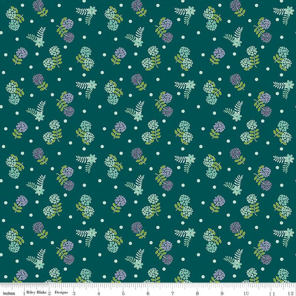 Image of Awakening Blossoms Teal quilting cotton fabric by Cherry Guidry for Riley Blake Designs. Features flowers on a blue background. Cute Little Fabric Shop.