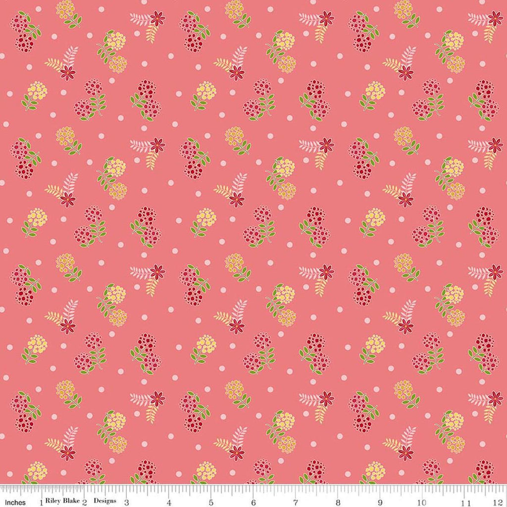 Image of Awakening Blossoms Coral quilting cotton fabric by Cherry Guidry for Riley Blake Designs. Features flowers on a pink background. Cute Little Fabric Shop.