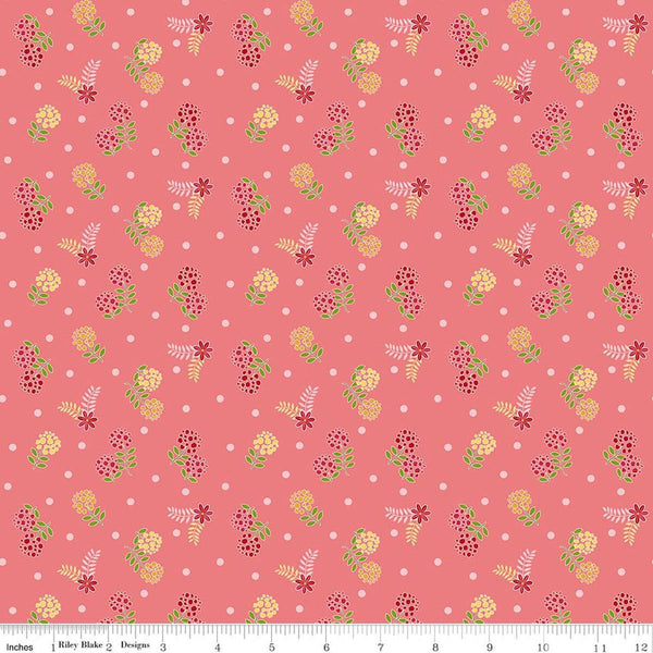 Image of Awakening Blossoms Coral quilting cotton fabric by Cherry Guidry for Riley Blake Designs. Features flowers on a pink background. Cute Little Fabric Shop.