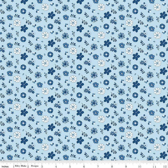 Image of Blue Blooms and Threads Floral Blue quilting cotton fabric by Christopher Thompson for Riley Blake Designs. Features flowers on a blue background. Cute Little Fabric Shop.