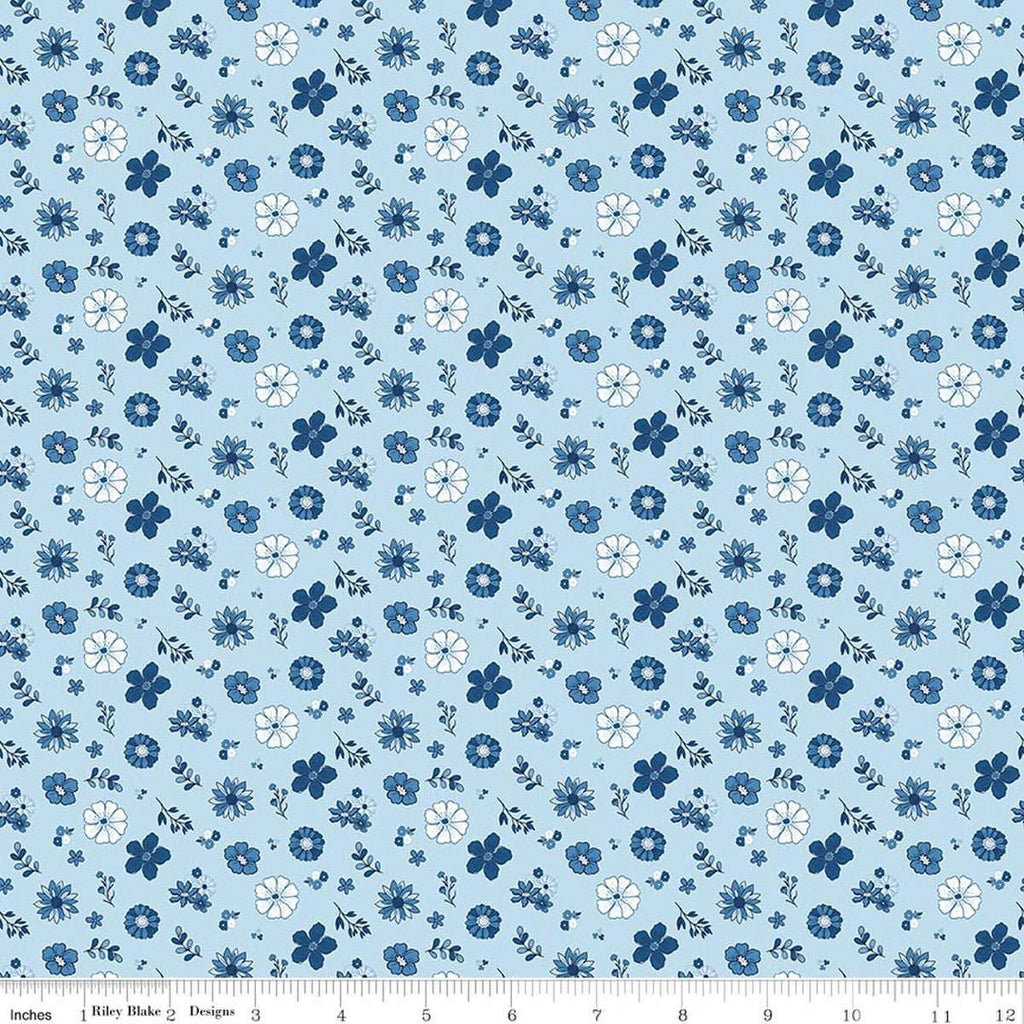 Image of Blue Blooms and Threads Floral Blue quilting cotton fabric by Christopher Thompson for Riley Blake Designs. Features flowers on a blue background. Cute Little Fabric Shop.